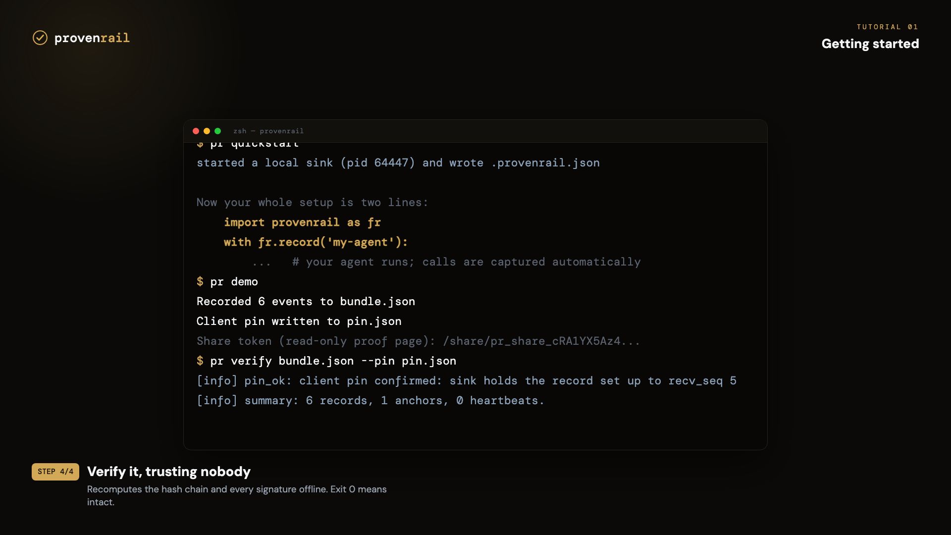 Terminal: pr quickstart, pr demo and pr verify confirming an intact record chain