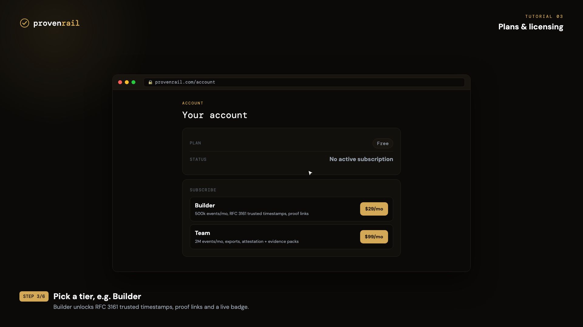 Account page showing Free plan with Builder and Team subscription tiers