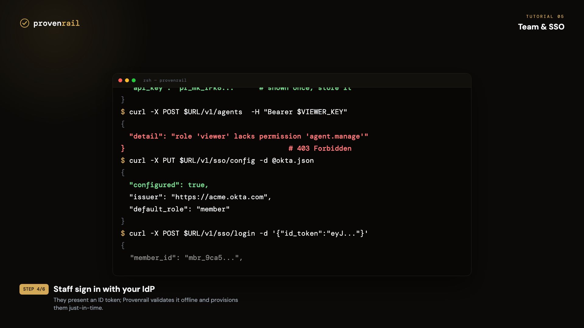 Terminal: inviting a team member, a viewer denied by role, configuring OIDC SSO, and a teammate logging in with their IdP token